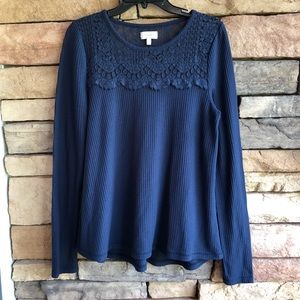 Lucky Brand navy blue waffle knit long sleeve top Medium